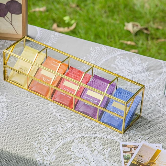 NCYP Glass Tea Bags Organizer with 5 Grids Compartments, Indoor Counter Top Brass Display Case with Lid, Storage Box, Gold, Decor, Teabag Storage, 14.5 x 3.6 x 3.66 Inches (Glass Box Only) - Image 5