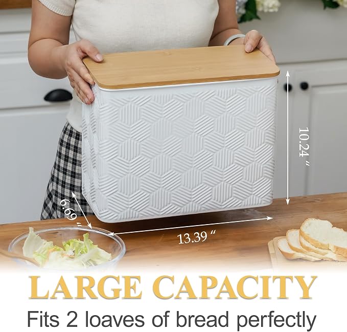 Extra Large Hexagon Stripe Embossed Bread Box with Bamboo Lid | Corner Breadbox for Homemade Bread, White Metal Storage Container Bin for Kitchen Countertop, Fits 2 Loaves of Bread - Image 2