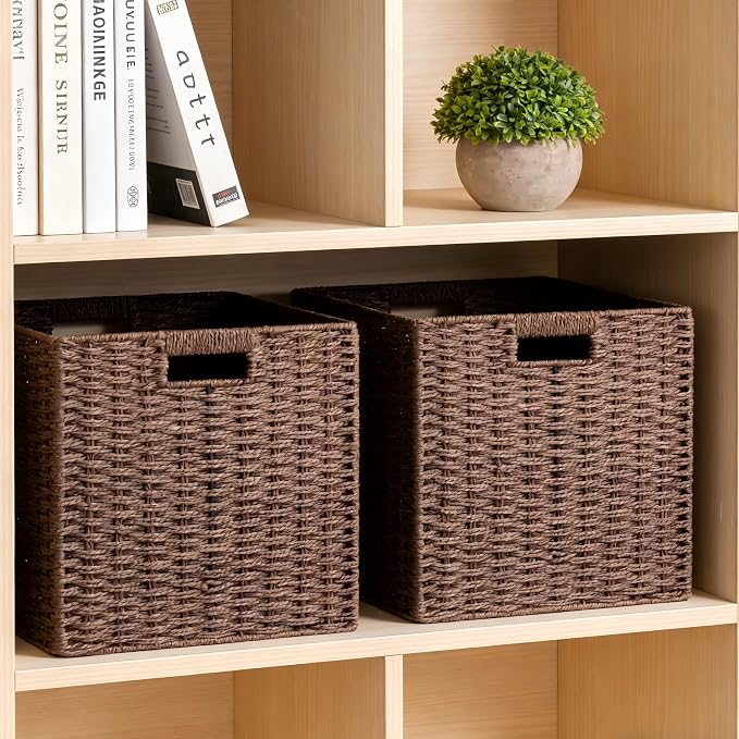UBBCARE 3 Pack Wicker Basket, 11L×11H×10.5W inch Woven Paper Rope Storage Baskets for Shelves, Foldable Cube Storage bin with Handle, Storage Basket for Organizing & Decor, Brown - Image 5