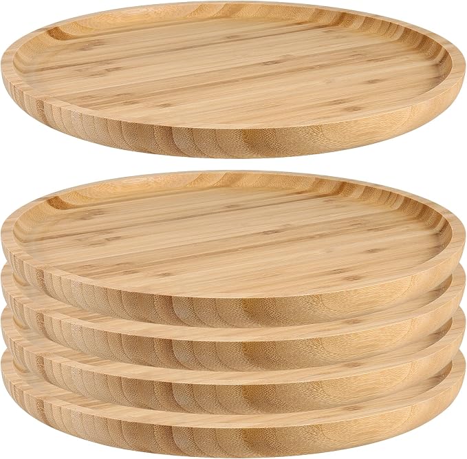 JOIKIT 5 Pack 8 Inch 20cm Bamboo Round Platter, Fine Polished Round Wood Plates Bamboo Serving Tray for Holding Fruit, Bread, Cheese, Nut, Coffee, Tea, Plant Saucer by JOIKIT