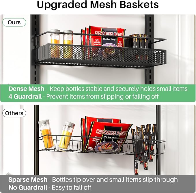 SNTD 8 Tiers Over the Door Organizer, 17" W x 6" D x 69" H, Black | Pantry Door Organizers and Storage, Height Adjustable Spice Rack, Dense Mesh Baskets, Anti-Swing, Adjustable Door Fastener - Image 5