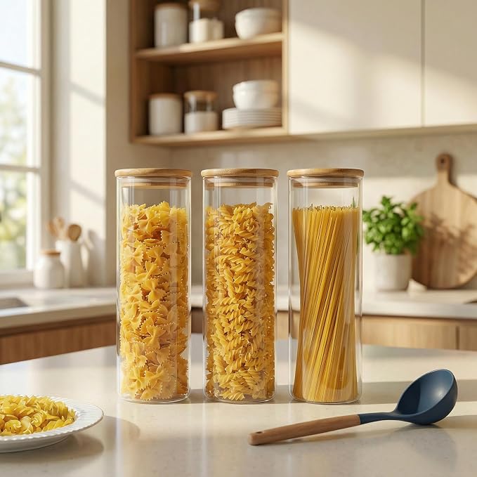 HomArtist Glass Jars with Bamboo Lids 79 FL OZ [Set of 3], Glass Canisters with Airtight Lids, Glass Food Storage Containers for Spaghetti, Fettuccine, Linguine,Pasta, Best for Kitchen & Pantry - Image 2