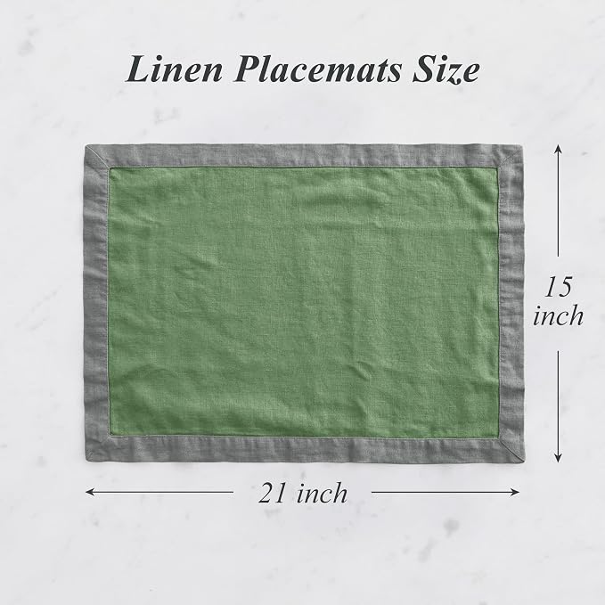 Linen World 100% French Linen Placemats Set of 4,21 x 15 Inch Double Layer Table Mats,Washable Heavyweight Placemats for Holiday Dining Kitchen Decor,Grass Green with Slate Gray Contrast Border - Image 4