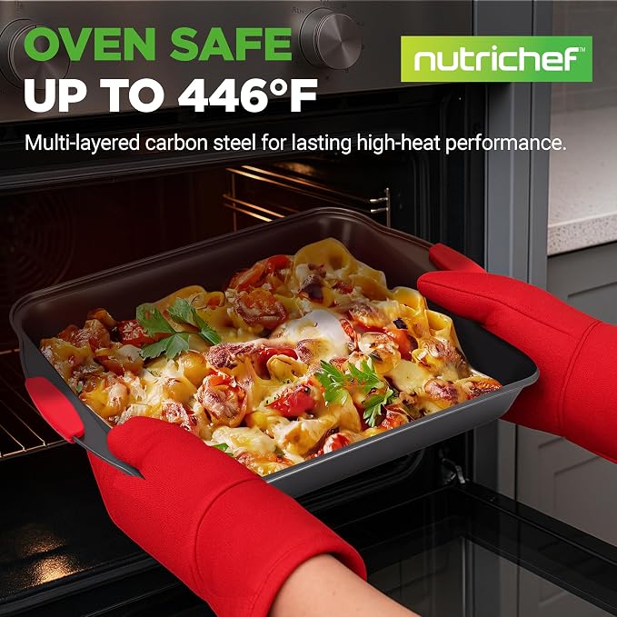 NutriChef Nonstick Baking Pans Set 6 Piece | Carbon Steel Baking Pans for Oven with Silicone Handles Stackable Bakeware | Includes Cookie Sheet, Muffin, Loaf, Round and Square Pan | 446°F Max, Gray - Image 2