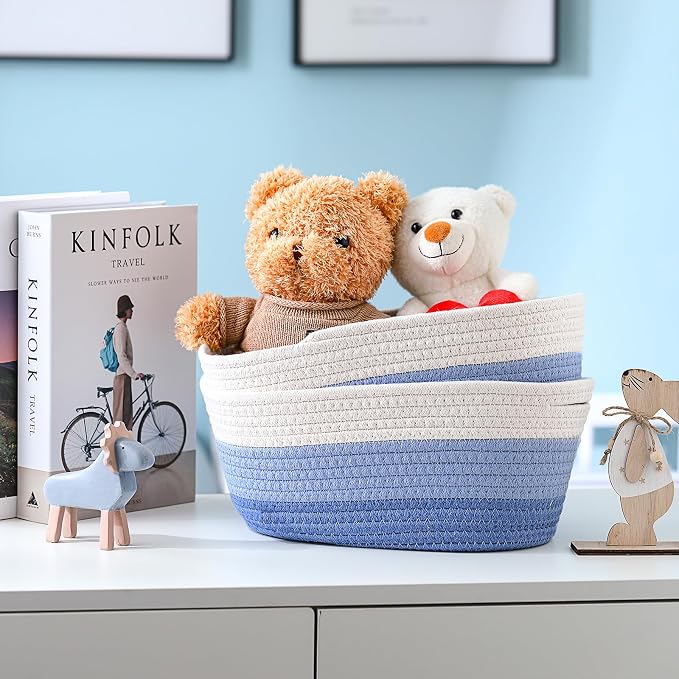 Sawysine 6 Pcs Storage Baskets Bulk for Organizing Cotton Rope Woven Basket with Handles for Gift Cloth Shelves Blanket Toys Living Room(Blue and White) - Image 3