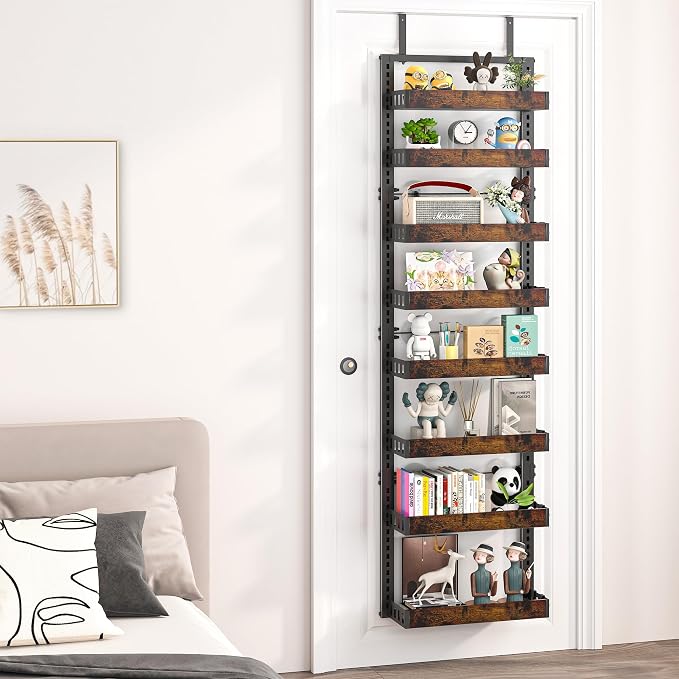 BUKFEN 8-Tier Over the Door Pantry Organizer, Adjustable Wooden Basket | Door & Wall Mounted Spice Rack, 16 Hooks, Heavy-Duty Metal Over Door Organization Storage for Kitchen, Bathroom, Closet - Image 4