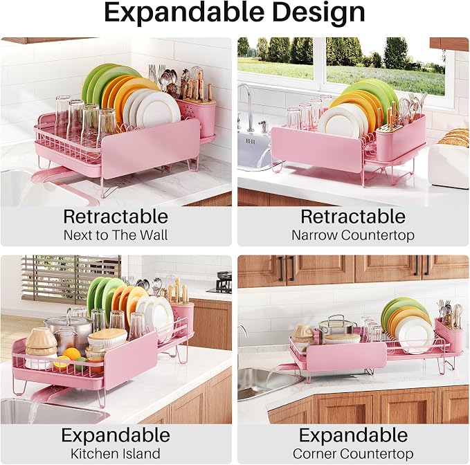 SNTD Large Dish Drying Rack for Kitchen Counter, Expandable, Pink | Stainless Steel Dish Drainer, Adjustable Length 18.9''-29.3'', Automatic Drainage, 360° Spout, Cutlery Holder with Knife Slot - Image 3