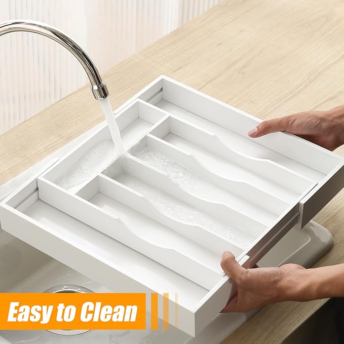 White Silverware Organizer Kitchen Drawer Organizer Expandable Bamboo Utensil Holder Cutlery Tray for Kitchen Utensil and Flatware Bedroom Office - Image 4