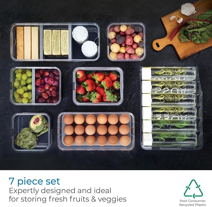 iDesign Crisp 7-Piece Recycled Plastic Refrigerator Organizer Bin Set | With Lids, Clear/Gray - Image 4