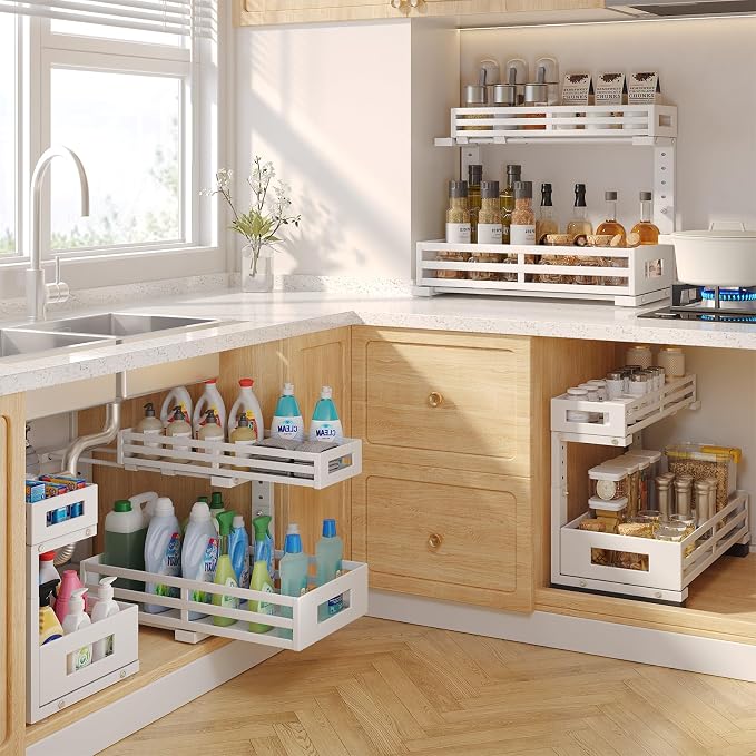 2-Pack 17"Deep Under Sink Organizer And Storage, 2-Tier L-Shaped Pull Out Cabinet Organizer with Upgraded Slide Rails, Height Adjustable Drawers for Kitchen&Bathroom, Extra-Large Storage Shelves–Gray - Image 5