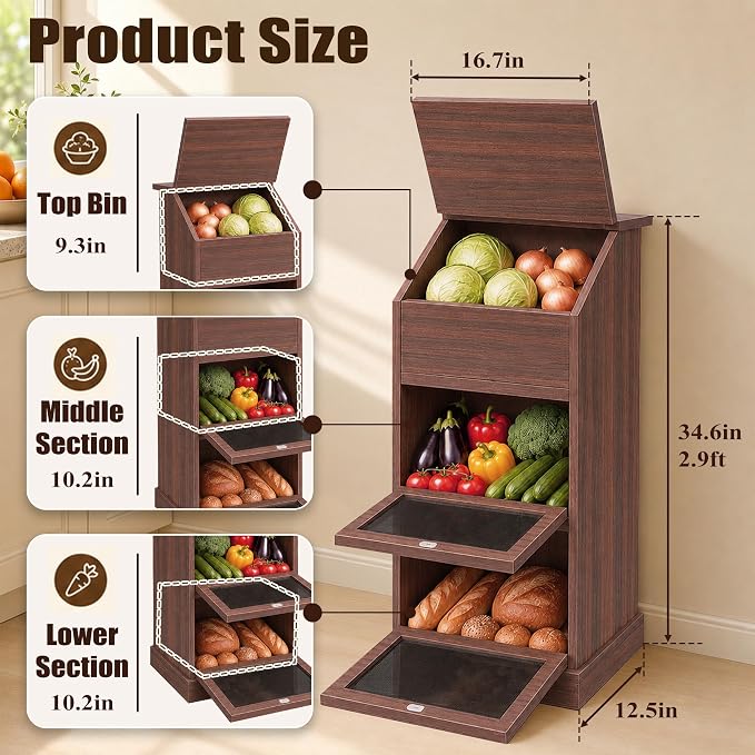 Potato and Onion Storage Bin with Lid, 3-Tier Vegetable Storage, Wooden Rustic Bread Box Cabinet for Fruit and Vegetable, Food Storage Containers Cabinet for Kitchen Pantry(Walnut) - Image 3