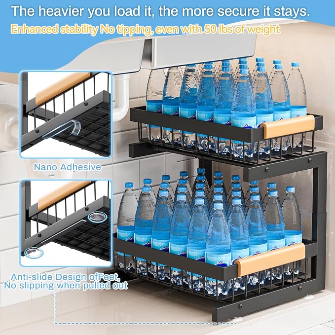 ADBIU Under Sink Organizer 2 Packs 2 Tier Expandable Height Under-Sink Organizers Slide Out Pull Out Organizer Shelf, Black - Image 3