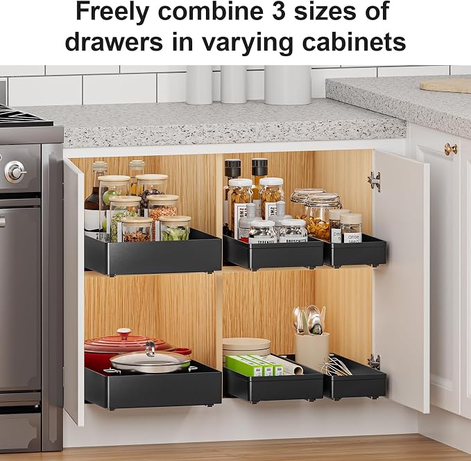Delamu 3 Pack Pull Out Cabinet Organizer, 15.7" Deep Pull Out Drawers for Cabinets, Slide Out Drawers for Kitchen Cabinets, Bathroom Cabinet Organizer, Pantry (Black) - Image 6