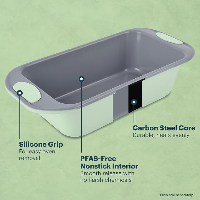 Pyrex 3-Piece Metal Cookie Sheet Bakeware Set with Heatsafe Handles, Sage | Lightweight stainless steel baking trays with heatsafe silicone handles, made without PFAS, mercury, lead, cadmium & BPA - Image 4