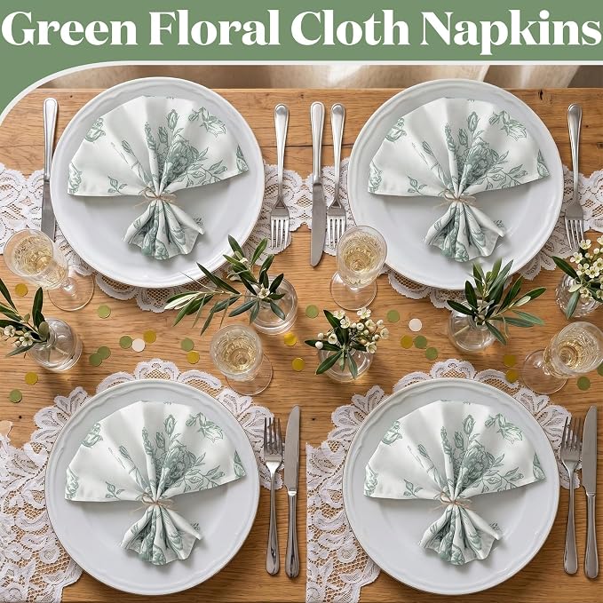 12 Pcs Floral Cloth Napkins 6 Patterns Washable Dinner Tea Party Napkins Reusable Plant Flowers Square Napkin Cotton Towel Decorative for Summer Wildflower Party(Green Floral) - Image 7