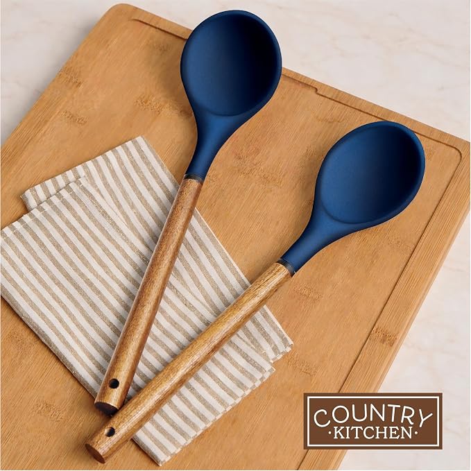 Country Kitchen Non Stick Silicone Utensil Set with Rounded Wood Handles for Cooking and Baking, 8 Piece Set, Navy - Image 7