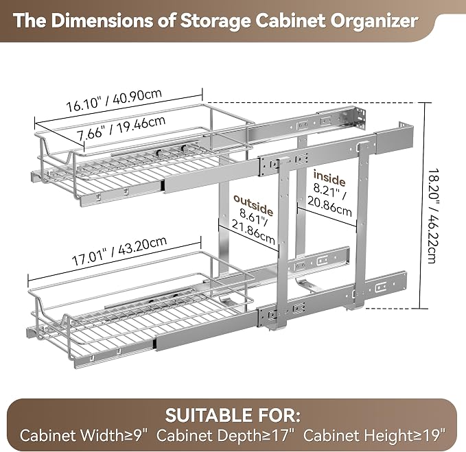 2 Tier Pull Out Cabinet Organizer 9" W X 17" D, Chromed, Full Slide Out | For Kitchen Organizers and Storage, Pull Out Drawers For Cabinets Capacity Heavy Duty Caddy, Cabinet Shelves, Bathroom Pantry - Image 2