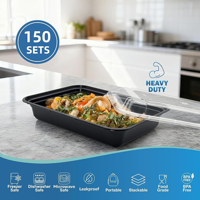28oz Food Storage Containers with Lids,150 Sets Disposable Meal Prep Boxes | Single Serving Meal Prep Boxes,Leak-Proof, Microwave Freezer Safe,Black To-Go Containers For Lunch Portion Control & Catering - Image 3