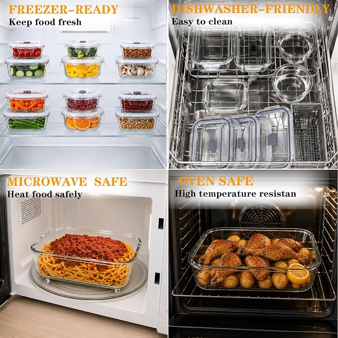 24PC Gray Glass Meal Prep Containers, Airtight Leakproof Snap Lids, Reusable Food Storage for Lunch Leftovers, Oven Microwave Freezer Dishwasher Safe - Image 6