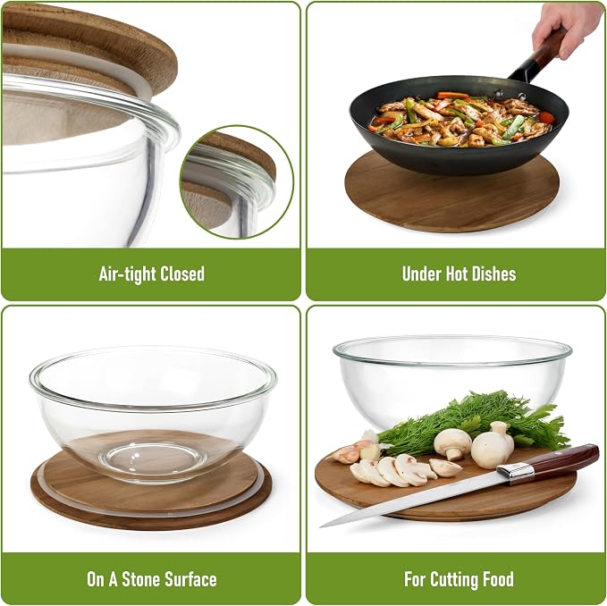 Set of 5 Nesting Glass Bowls with New Updated Acacia Lids for Foodprep, Storage, Mixing & Cooking - Microwave & Oven-ready BPA Free Durable Heat Resistant Inert Borosilicate Glass - Image 3