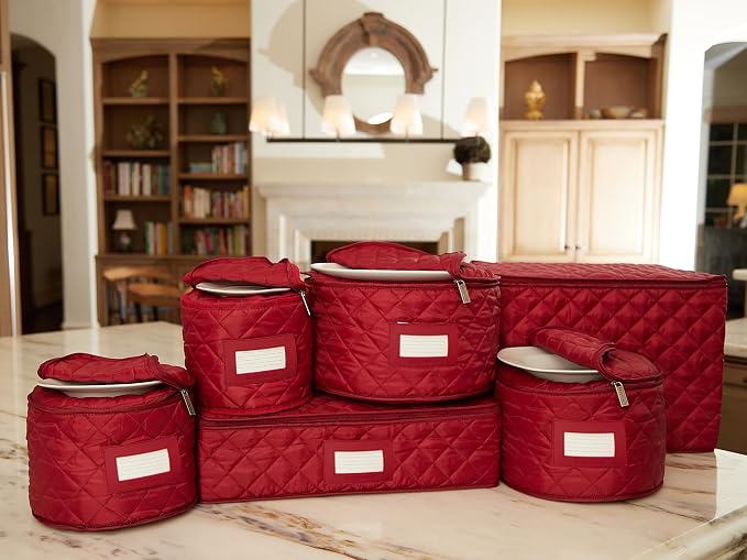 Covermates Keepsakes Dish Storage Set – Padded China & Dinnerware Storage Cases with Dividers, Cup & Stemware Storage, Quilted Polyester Protection, ID Window, Red - Image 7