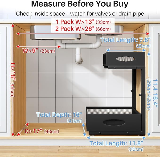 Under Sink Organizer, 2 Pack 2 Tier Pull Out Under Cabinet Organizer Shelf with Pad for Framed Cabinets, Metal Slide Out Under Sink Storage, Mesh Sliding Drawers for Kitchen Bathroom Laundry, Black - Image 2