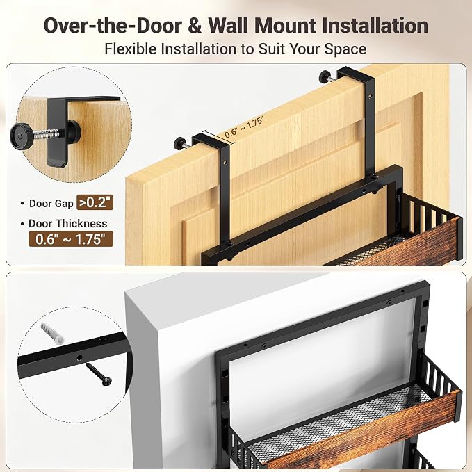 6-Tier Over the Door Pantry Organizer, 2-in-1 Door Hanging or Wall Mounted Spice Rack, Space Saving Metal Storage Shelves with Adjustable Baskets for Kitchen, Closet, Bathroom - Image 4