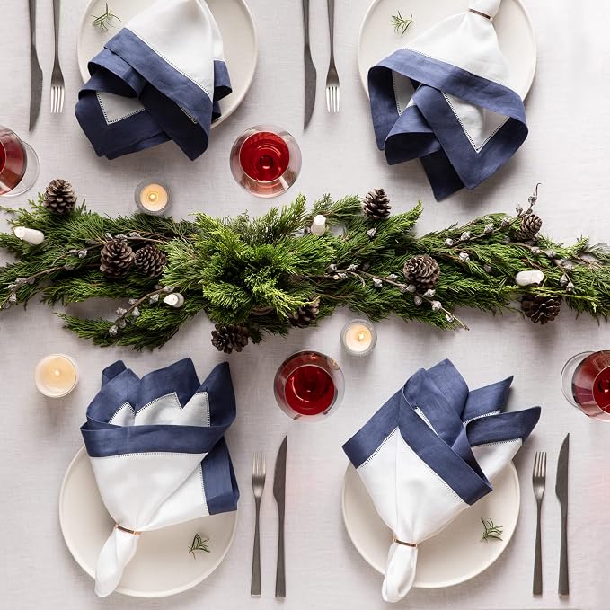 Linen Napkins 20 x 20 inch - 100% Pure Linen White and Navy Blue Dinner Napkins Set of 4 - Hemstitch Napkins Cloth Washable for Winter, Easter and Spring Decor - Image 4