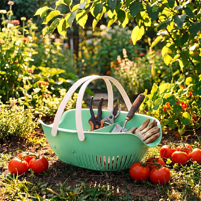 Nuogo 3 Pcs Garden Harvest Basket Removable Partitions with Tool Caddy for Collecting Carrying and Cleaning Harvesting Basket Doubles Colander for Vegetables and Fruits Garden Accessories (Sage Green) - Image 7