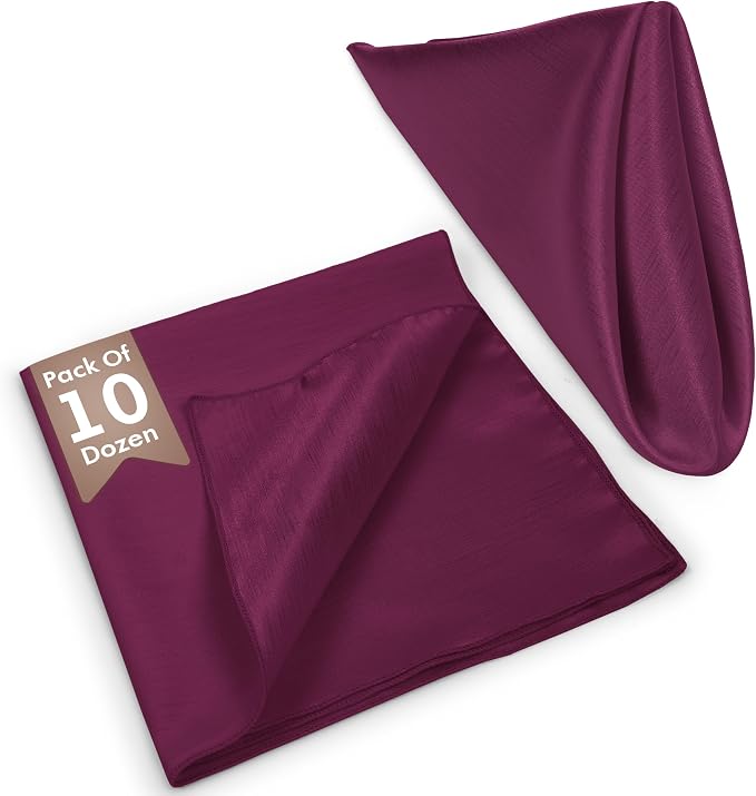 17 x 17-Inch Shantung Satin Cloth Napkins, Plum Set of 120 | Bulk Case of 10 Dozen, Square, 100% Polyester Fabric, Reversible, Faux Dupioni Silk Reverse Side, Machine Washable, Purple - Image 2