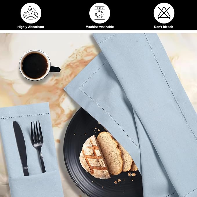 Bedding Craft Hemstitched Cotton Cloth Dinner Napkins Set of 12 – 18x18 Winter Sky Blue – Machine Washable Reusable Fabric Napkins for Weddings, Parties & Everyday Dining - Image 5