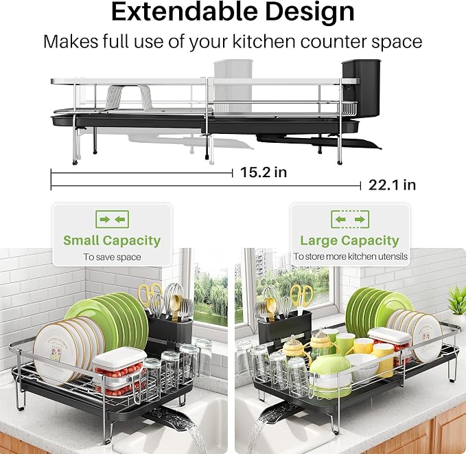 SNTD Expandable Dish Drying Rack for Kitchen Counter, 13.8-22.6 in, Silver | Stainless Steel, Removable Utensil & Cup Holder, Self Draining Drainboard with Rotating Spout - Image 3