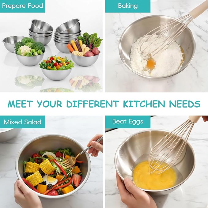 12 Pcs 304 Stainless Steel Mixing Bowls with Graduations, Metal Serving Salad Bowls, Reusable Baking Food Storage Containers for Baking, Cooking, Making Salads, Soups, Ice Cream, Noodles, cereal - Image 5