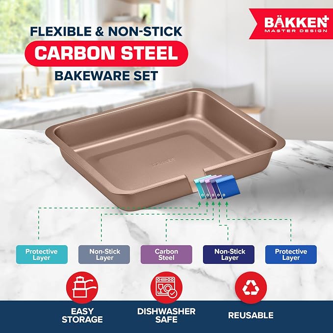 BAKKEN 6-Piece Kitchen Baking Pan Set - Commercial Grade Carbon Steel Bakeware, With Nonstick Coating, Stackable and Space-saving Design, PFOA, PFOS, PTFE Free, Oven Safe Tray (Up To 450°F), Brown - Image 3