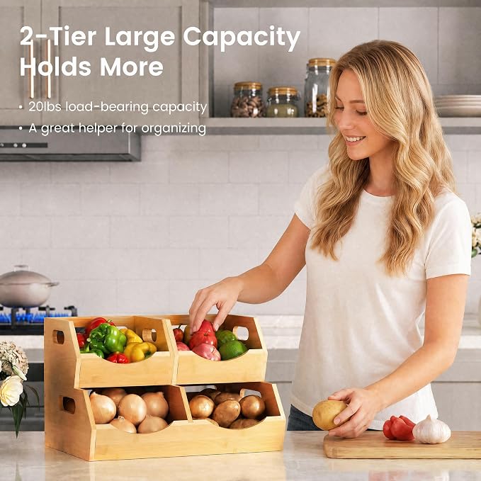 Potato and Onion Storage Bin, 2 Tier Bamboo Kitchen Storage Rack, Stackable Ventilated Pantry Organizer with Handles for Garlic Peppers Vegetables, Countertop Produce Bins, Natural Brown - Image 2
