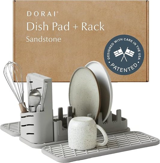 Dorai Home Collapsible Dish Drying Rack with Stone Dish Pad - Kitchen Counter Set with Diatomaceous Earth Stone Dish Mat for Quick Drying - Space-Saving Design - Original 19.9"x15.2", Sandstone by DoraiHome