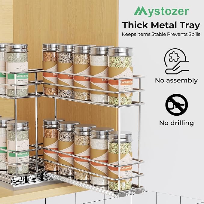 Mystozer Pull Out Spice Rack Organizer for Cabinet, Slide Out Spice Racks, Easy to Install Spice Cabinet Organizers, 5.28" Wx10.43 Dx8.26 H, 2 Drawers 2 Tiers(Silver) - Image 7