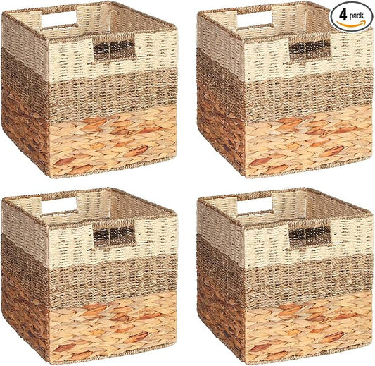 SpaceAid 4 Pack 3 Pattern Design Wicker Basket, Baskets for Organizing, Storage Rattan Basket with Handles for Shelves, Woven Cube Storage Bin Organizer, 12x12x12 inch, Natural by SpaceAid