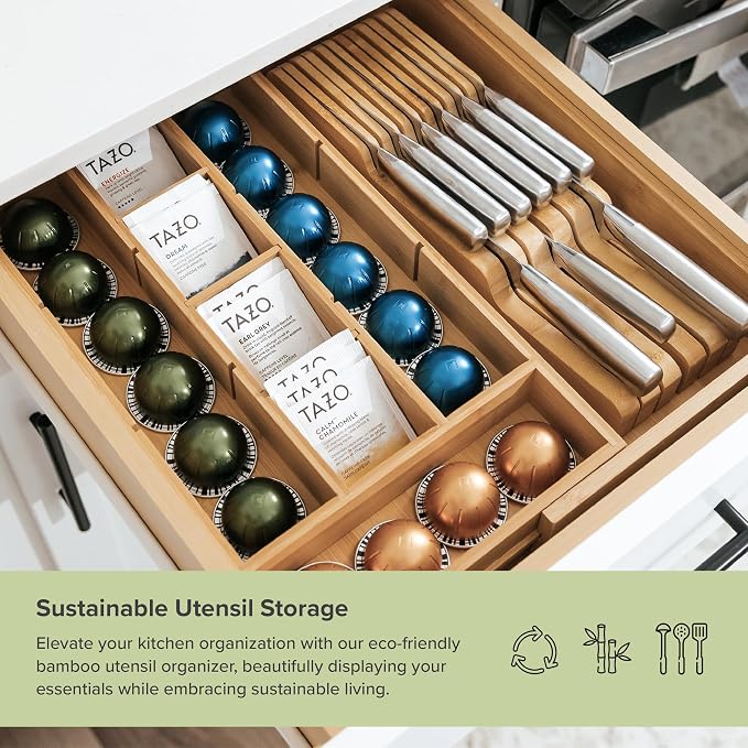 Tea Bag & Coffee Pod Organizer, 9.7-17 in, Bamboo | 10 storage compartments, adjustable wall inserts, non-slip feet, food-safe - Image 5