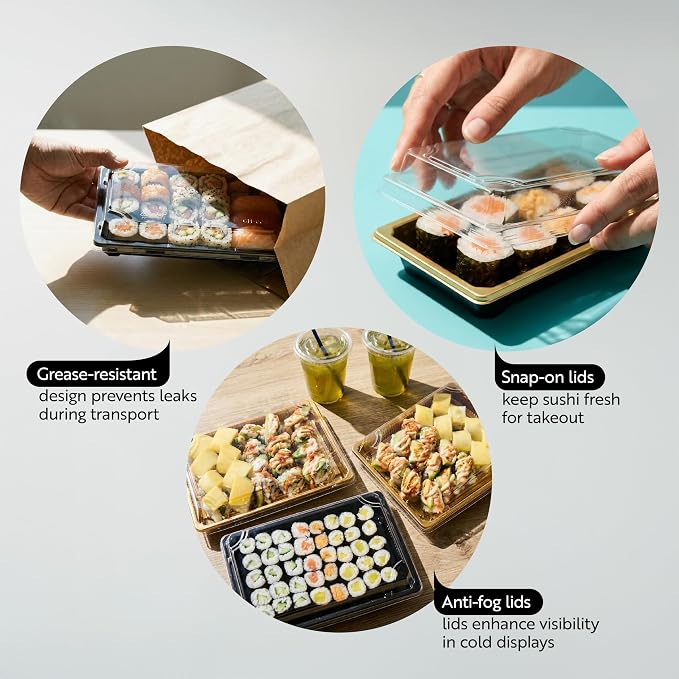 Restaurantware Plastic Sushi Trays 100 Pack of 12.6 x 12.6 x 1.77 Inch With Clear Lids Leak-Resistant Sushi Take Out Boxes Stackable Containers For Grab-And-Go - Image 3