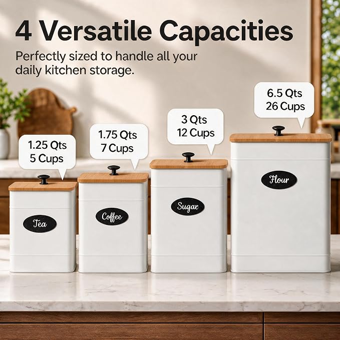 Kitchen Canisters Sets of 4 - Metal Flour Sugar Storage Containers Set for Countertop with Airtight Lids, Coffee Tea Canister Set with Customizable Chalkboard Labels & Marker Pen, White - Image 2