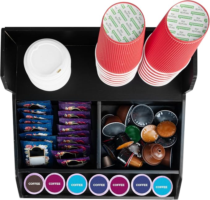Restaurantware Coffee Cup Organizer 15 x 14.25 x 9.25 Inch Multipurpose Bamboo Condiment Holder Black Countertop Cup and Lid Organizer for Coffee Shops and Office Break Rooms - Image 8