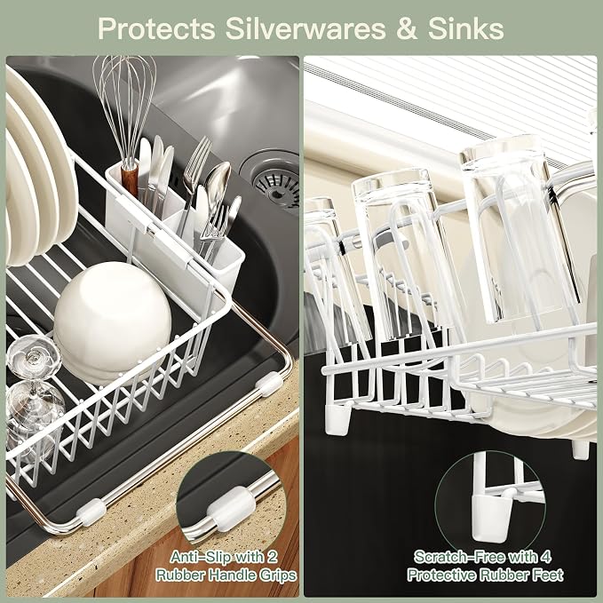 White Dish Drying Rack Over The Sink with Utensil Holder, Mat | Expandable Stainless Steel Dish Drainer for Small Kitchen, Apartment, RV, Counter Space Saving, Perfect Fit, Rustproof - Image 6