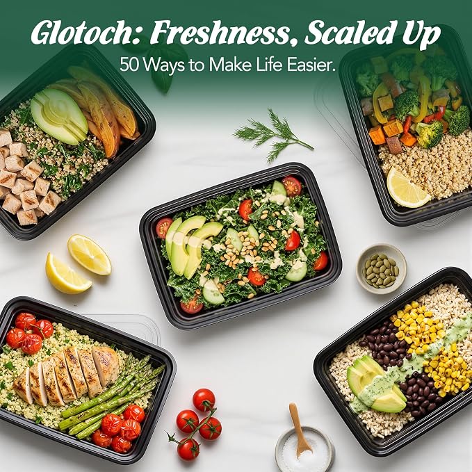 Glotoch Meal Prep Containers 32oz 50 Pack(100 Piece) with Lids, Plastic Food Storage Containers Reusable, Bento Boxes for Portion Control,Takeout, Lunch, Salad, Microwave/Freezer/Dishwasher safe - Image 4
