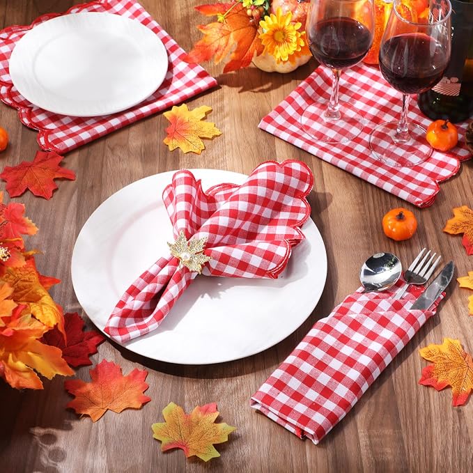 SmoothNovelty 12 Pack Buffalo Plaid Cloth Napkins 18x18 Inch Checkered Cloth Napkins Scalloped Soft Cotton Table Mat Washable Reusable for Dinner Wedding Holiday Birthday Parties (Classic,Red) - Image 4