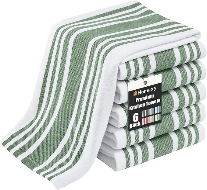 Homaxy Premium Cotton Stripe Kitchen Towels 6 Pack, 18"x 28", Grass Green | Large 380 GSM Kitchen Hand Towels, Soft Terry Dish Towels, Highly Absorbent Tea Towel Set with Hanging Loop by Homaxy