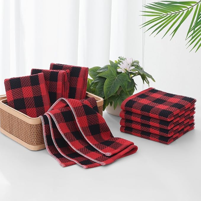 Homaxy Kitchen Towels and Dishcloths Set, Set of 8, Red & Black | Bulk Cotton Waffle Weave Check Plaid Kitchen Towels, Super Soft and Absorbent Dish Cloths, 12 x 12 and 13 x 28 Inches - Image 7