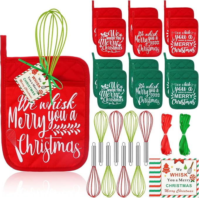 LemonRoad 12 Sets Christmas Whisk Baking Gift Set Xmas Silicone Whisks Oven Mitt Pot Holder Greeting Cards Ribbon Bags for Holiday Kitchen Utensils Cooking Supplies Neighbor Gift(Classic,Red, Green) by Unknown