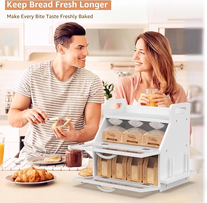 BAMBANG Bread Box for Kitchen Countertop, Extra Large Double Layer Bamboo Breadbox with Clear Window, Farmhouse Wooden Bread Storage Container for Homemade Bread, Knife & Cutting Board Holder, White - Image 2