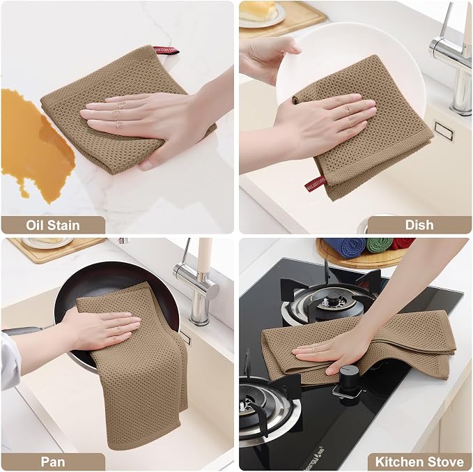 Homaxy 12 Pack 100% Cotton Kitchen Towels and Dishcloths Set, Tan | 12 x 12 Inches and 13 x 28 Inches Kitchen Towels Set, Ultra Soft Absorbent Dish Cloths for Washing Dishes - Image 5